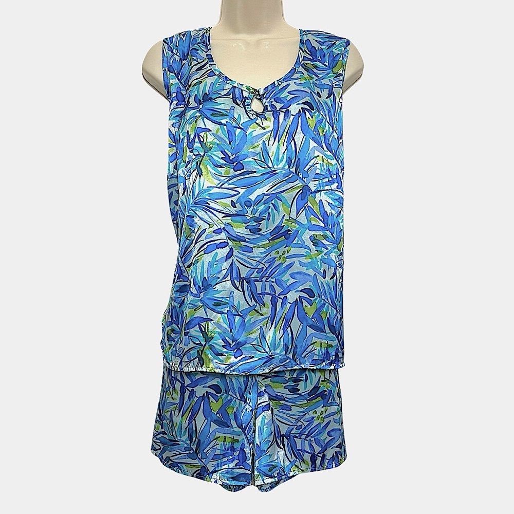Cacique Womens Blue Green Motif Sleeveless V Neck Tank Shorts Pajama Set 22/24